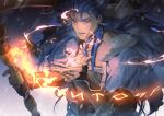  1boy blue_hair bracelet capelet casting_spell cu_chulainn_(fate)_(all) cu_chulainn_(fate/grand_order) earrings fate/grand_order fate_(series) fire floating_hair fur-trimmed_hood fur_trim gochary1212 highres holding holding_staff hood hood_down hooded_capelet jewelry long_hair male_focus red_eyes runes slit_pupils solo spiky_hair staff type-moon vambraces wooden_staff 