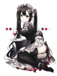  1girl alcohol ass black_eyes black_hair black_legwear bow cup drinking_glass full_body hair_bow highres long_hair long_sleeves maid_headdress no_shoes original simple_background sleeves_past_fingers sleeves_past_wrists thigh-highs tray twintails white_background white_bow windworker wine_glass 