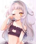  1girl bangs blunt_bangs bra cat_lingerie closed_mouth collarbone day eyelashes flat_chest grey_hair hand_up highres hololive long_hair looking_at_viewer meme_attire messy_hair mihanada_kanata murasaki_shion navel one_eye_closed panties rubbing_eyes side-tie_panties solo star_(symbol) strap_slip underwear underwear_only very_long_hair virtual_youtuber waking_up yellow_eyes 