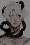  1boy animal animal_around_neck black_snake collarbone dripping facial_mark grey_background grey_hair highres male_focus original painterly parted_lips red_eyes red_lips shadow simple_background sketch snake solo sriokorr tongue tongue_out 