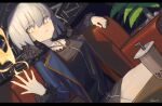  1girl ahoge bangs black_dress blue_jacket breasts bubble_tea chair dress dutch_angle eyebrows_visible_through_hair fate_(series) fire fur_collar fur_trim grey_hair hair_between_eyes highres jacket jeanne_d&#039;arc_(alter)_(fate) jeanne_d&#039;arc_(fate)_(all) jewelry lanzi_(415460661) medium_breasts necklace shadow signature sitting solo yellow_eyes 