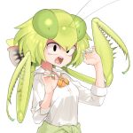  1girl evolvingmonkey green_hair highres insect_girl mantis_akiyama nail_polish open_mouth original praying_mantis school_uniform sharp_teeth teeth upper_body white_background 