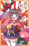  1girl 2021 :d animal_ears arrow_(projectile) bead_necklace beads bell blue_eyes blush brown_hair chinese_zodiac commentary_request cow_ears cow_girl cow_horns cow_tail facepaint fang floral_print hagoita hair_ornament hakama_skirt hamaya hanetsuki highres horns japanese_clothes jewelry jingle_bell looking_at_viewer namaonpa necklace open_mouth original paddle pleated_skirt sandals short_hair skirt smile solo tail thigh-highs white_legwear wide_sleeves year_of_the_ox zettai_ryouiki 