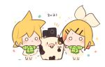  1boy 1girl 2021 :i ^^^ afterimage bangs blonde_hair blush_stickers bow brother_and_sister chibi chinese_zodiac commentary cow dress fur-trimmed_dress fur_trim hair_bow hair_ornament hairclip kagamine_len kagamine_rin kitsune_no_ko short_hair siblings solid_circle_eyes speaker spiky_hair standing star_(symbol) swept_bangs twins vocaloid waving_arm white_background white_bow white_dress year_of_the_ox 