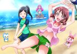  3girls armpits beach beach_volleyball bikini bikini_under_clothes blue_eyes blue_shorts blue_sky blush closed_eyes cowboy_shot day green_shirt green_shorts hanadera_nodoka hanzou healin&#039;_good_precure highres laura_(precure) mermaid monster_girl multiple_girls navel ocean outdoors palm_tree pegitan_(precure) pink_bikini pink_hair pink_shorts ponytail precure rabirin_(precure) rock sawaizumi_chiyu shirt short_sleeves shorts sitting sky smile swimsuit tied_hair tree tropical-rouge!_precure upshorts volleyball 