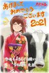  1girl 2021 ^_^ battle_athletes blue_sky blush brown_hair character_request closed_eyes closed_mouth clouds commentary_request cow floral_print hair_ornament haruyama_kazunori japanese_clothes kimono long_sleeves obi outdoors red_kimono sash short_hair sky smile solo translation_request 