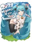  1girl 2021 absurdres animal_ears animal_print aqua_eyes aqua_hair bare_shoulders black_legwear bottle chinese_zodiac commentary cow_ears cow_girl cow_horns cow_print detached_sleeves grass hair_ornament happy_new_year hatsune_miku heart high_heels highres horns legs_up leotard lips long_hair looking_at_viewer milk_bottle neck_bell new_year reirou_(chokoonnpu) see-through_sleeves shiny shiny_clothes shiny_legwear sky smile solo spilling thigh-highs tongue tongue_out twintails very_long_hair vocaloid white_leotard year_of_the_ox 