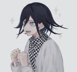  +_+ 1boy :d bangs black_hair checkered checkered_scarf commentary_request dangan_ronpa_(series) dangan_ronpa_v3:_killing_harmony from_side grey_background grey_jacket hair_between_eyes highres iumi_urura jacket long_sleeves male_focus open_mouth ouma_kokichi scarf short_hair smile solo sparkle upper_body upper_teeth violet_eyes 