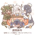  4girls :3 animal_ears animal_print aurochs_(kemono_friends) bell black_hair black_legwear black_skirt blue_hair blush broken_horn chinese_zodiac closed_eyes commentary_request cow_ears cow_girl cow_print cow_tail crop_top dark_skin elbow_gloves extra_ears eyebrows_visible_through_hair gloves goshingyu-sama_(kemono_friends) green_hair hair_over_one_eye highres holstein_friesian_cattle_(kemono_friends) horns kemono_friends kotatsu long_hair multicolored_hair multiple_girls ox_ears ox_girl ox_horns pantyhose pencil_skirt pleated_skirt print_gloves print_shirt print_skirt saliva shirt short_hair sitting skirt sleeping sleeveless table tail tail_bell tail_ornament tanaka_kusao tank_top translation_request two-tone_hair white_hair yak_(kemono_friends) year_of_the_ox 
