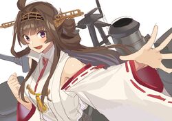  1girl ahoge bangs blush breasts brown_hair clenched_hand detached_sleeves double_bun eyebrows_visible_through_hair headgear highres japanese_clothes kantai_collection kongou_(kantai_collection) long_hair mizuki_eiru_(akagi_kurage) open_mouth ribbon-trimmed_sleeves ribbon_trim rigging simple_background solo upper_body violet_eyes white_background 