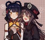  2girls :3 :d bangs bare_shoulders blue_hair blush braid brown_hair china_dress chinese_clothes chromatic_aberration crying crying_with_eyes_open dress english_commentary eyebrows_visible_through_hair fang fingerless_gloves flower food genshin_impact gloves hair_flower hair_ornament hair_rings hairclip hat heart highres hu_tao long_sleeves looking_at_another multiple_girls open_mouth qiqi_(999sleepy) red_flower short_hair signature skin_fang sleeveless sleeveless_dress smile spoken_heart symbol_commentary tears twitter_username xiangling_(genshin_impact) yellow_eyes yuri 