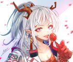  1girl arknights bangs braid ear_ornament eyebrows_visible_through_hair food highres holding holding_food horns jacket long_hair multicolored_hair nian_(arknights) nuu_(liebe_sk) open_clothes open_mouth pointy_ears ponytail redhead signature silver_hair solo streaked_hair violet_eyes 
