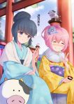  2girls absurdres amazake_(drink) blue_hair blush chinese_zodiac closed_eyes cow file112056 flower hair_bun hair_flower hair_ornament highres japanese_clothes kagamihara_nadeshiko kimono looking_at_viewer multiple_girls new_year obi pink_hair ponytail sash shima_rin shrine sitting smile v violet_eyes w year_of_the_ox yurucamp 