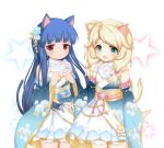  2girls animal_ears bare_shoulders blonde_hair blue_hair blush cat_ears dress flat_chest green_eyes highres hosizora_mikoto idolmaster idolmaster_cinderella_girls long_hair looking_at_viewer medium_hair multiple_girls open_mouth red_eyes sajou_yukimi shy smile standing tail yusa_kozue 