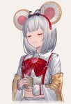  1girl animal_ears bangs bow breasts closed_eyes closed_mouth crop_top cup fake_animal_ears granblue_fantasy jewelry lialight long_sleeves midriff mouse_ears pendant red_bow shirt short_hair smile vikala_(granblue_fantasy) white_hair white_shirt wide_sleeves 
