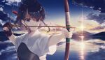  1girl archery arrow_(projectile) black_hair bow_(weapon) gloves kusaka_kou kyuudou mount_fuji muneate original outdoors partially_fingerless_gloves ponytail reflection sky solo sun twilight upper_body violet_eyes water weapon 