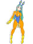  1girl absurdres animal_ears aqua_hair asimatosinosin blue_leotard bodysuit boots breasts covered_navel cross cross_print dragon_quest dragon_quest_iii fake_animal_ears full_body gloves hairband highres leotard long_hair looking_at_viewer medium_breasts orange_bodysuit playboy_bunny priest_(dq3) rabbit_ears red_eyes simple_background smile solo standing strapless strapless_leotard white_background yellow_footwear yellow_gloves 