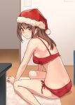  1girl blurry blurry_background bra brown_hair frilled_bra frills hat highres indoors long_hair original panties red_bra red_panties santa_hat setu_kurokawa sitting solo underwear underwear_only 