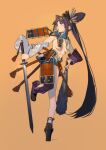  1girl armor asymmetrical_clothes bangs black_footwear black_hair breast_curtains breasts club detached_sleeves fate_(series) glint holding holding_sword holding_weapon japanese_armor kusazuri lanzi_(415460661) long_hair medium_breasts mismatched_sleeves parted_bangs purple_sleeves rope shoes signature single_pantsleg solo sword ushiwakamaru_(fate/grand_order) very_long_hair weapon white_sleeves 