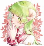  1girl badge closed_mouth curled_horns eyebrows_visible_through_hair green_eyes green_hair hands_together highres horns leaf long_hair long_sleeves mairimashita!_iruma-kun pointy_ears purutera red_nails red_sailor_collar sailor_collar simple_background smile solo straight_hair turtleneck valac_clara visible_ears 