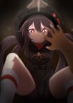 1girl brown_hair genshin_impact hat highres hu_tao knife looking_at_viewer red_eyes smile solo_focus symbol-shaped_pupils 