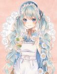  :3 apron aqua_hair blue_hair blue_headwear blue_kimono bonnet brown_ribbon closed_mouth doily floral_print food frilled_apron frilled_bonnet frills grey_ribbon hair_between_eyes hatsune_miku highres holding holding_food japanese_clothes kimono long_sleeves marker_(medium) parfait paruno pink_background ribbon smile traditional_media twintails vocaloid white_apron wide_sleeves 
