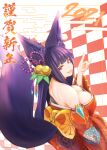 1girl 2021 animal_ears bell blue_hair breasts checkered checkered_background erune fox_ears fox_shadow_puppet fox_tail gollizo granblue_fantasy hair_bell hair_ornament happy_new_year highres large_breasts long_hair new_year off-shoulder_kimono tail yuel_(granblue_fantasy) 