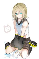  1girl animal_print aqua_eyes arm_warmers bangs bare_shoulders between_legs black_collar black_shorts blonde_hair bow cat_print collar crop_top hair_bow hair_bow_removed hair_ornament hairband hairclip hand_between_legs highres kagamine_rin leg_warmers light_smile no_neckwear sailor_collar satosatomog school_uniform shirt short_hair short_shorts shorts shoulder_tattoo sitting sleeveless sleeveless_shirt solo swept_bangs tattoo vocaloid wariza white_background white_bow white_shirt 