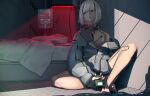  1girl bob_cut collar commentary cyborg english_commentary fxx highres holographic_interface original red_eyes science_fiction short_hair sitting solo white_hair 