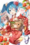  1girl akeome animal bell blue_eyes blue_hair blurry_foreground brown_gloves camellia chinese_zodiac cow fang floral_background flower fur-trimmed_kimono fur_trim gloves hair_flower hair_ornament happy_new_year hatsune_miku highres holding holding_animal horns japanese_clothes kikumon kimono leaf legs_up looking_at_viewer mukuro_usss neck_bell new_year obi one_eye_closed open_mouth petals red_flower rope sash skin_fang smile solo vocaloid year_of_the_ox 