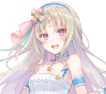  1girl blonde_hair blush civia collarbone dress fukahire_(ruinon) hair_ornament headband hololive hololive_china horns long_hair looking_at_viewer official_art open_mouth simple_background single_horn sleeveless smile solo violet_eyes virtual_youtuber white_background 