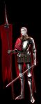  1boy absurdres armor banner belt breastplate capelet closed_mouth dual_wielding facial_hair gauntlets glowing greaves grey_hair highres holding holding_sword holding_weapon huge_filesize izaac knight long_hair male_focus original outline pauldrons red_capelet red_eyes red_outline scabbard sheath shoulder_armor simple_background skull solo standing sword torn turtleneck unsheathed vambraces weapon white_background 