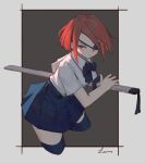  1girl black_bow black_neckwear blue_skirt bow bowtie check_copyright collared_shirt copyright_request cropped_legs eyepatch grey_background lanzi_(415460661) original pleated_skirt red_eyes redhead shirt short_hair short_sleeves skirt solo sword thigh-highs weapon white_shirt 