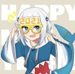  1girl 2021 animal_costume bangs blue_eyes blue_hair blue_hoodie blue_nails blunt_bangs blush fish_tail gawr_gura glasses hair_ornament happy_new_year highres hololive hololive_english hood hoodie inuzuka_nr looking_at_viewer medium_hair multicolored_hair nail_polish new_year open_mouth shark_costume shark_girl shark_hair_ornament shark_tail sharp_teeth silver_hair smile solo streaked_hair tail teeth two_side_up virtual_youtuber wide_sleeves 