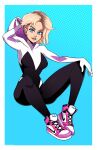  1girl arm_up blonde_hair blue_eyes gradient gradient_background gwen_stacy halftone halftone_background highres hood hood_down knees_up looking_at_viewer mike_luckas parted_lips pink_footwear shadow shoes short_hair solo spider-gwen spider-man:_into_the_spider-verse spider-man_(series) undercut 