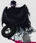  1boy absurdres black_cape black_footwear black_hair black_headwear book box cape commentary_request dangan_ronpa_(series) dangan_ronpa_v3:_killing_harmony drone falling from_behind grey_background hat highres innertube iumi_urura looking_back male_focus multicolored_hair note ouma_kokichi pants paper peaked_cap purple_hair scythe shoes simple_background solo standing torn_cape torn_clothes two-tone_hair violet_eyes 