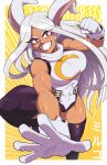  1girl abs animal_ears black_legwear boku_no_hero_academia clenched_hand dark_skin dark-skinned_female gloves halftone halftone_background highres leg_up leotard long_hair looking_at_viewer mike_luckas mirko muscular muscular_female parted_lips rabbit_ears rabbit_girl red_eyes sleeveless smile solo thigh-highs very_long_hair white_gloves white_hair white_leotard yellow_background 