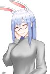  1girl ^_^ absurdres animal_ear_fluff animal_ears braid breasts closed_eyes eyebrows_visible_through_hair glasses grey_sweater hand_on_own_face highres hololive lazier medium_breasts medium_hair pekomama rabbit_ears rabbit_girl short_eyebrows smile solo sweater white_background 