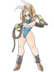  1girl absurdres animal_ears asimatosinosin barbara_(dq6) bare_legs black_gloves blue_leotard blue_scarf blush breasts brown_footwear covered_navel dragon_quest dragon_quest_vi elbow_gloves fake_animal_ears full_body gloves grey_eyes hair_between_eyes high_heels high_ponytail highleg highleg_leotard highres holding holding_whip leotard medium_breasts orange_hair playboy_bunny rabbit_ears scarf simple_background smile solo standing strapless strapless_leotard whip white_background yellow_gloves 