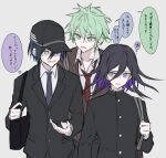  3boys alternate_eye_color amami_rantarou bag bangs black_bag black_hair black_headwear black_jacket collarbone collared_shirt colored_inner_hair commentary_request dangan_ronpa_(series) dangan_ronpa_v3:_killing_harmony formal green_eyes green_hair grey_background grey_shirt hair_between_eyes highres holding holding_phone holding_strap iumi_urura jacket long_sleeves looking_at_another male_focus multicolored_hair multiple_boys necktie official_alternate_costume open_mouth ouma_kokichi phone red_neckwear saihara_shuuichi school_uniform shirt short_hair shoulder_bag simple_background smile speech_bubble striped striped_neckwear translation_request upper_body 