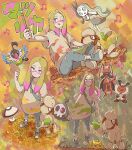 1girl asakihayato autumn_leaves blonde_hair character_name chatot commentary_request duskull foongus gen_2_pokemon gen_3_pokemon gen_4_pokemon gen_5_pokemon grey_eyes hand_up highres holding holding_paintbrush joltik kricketot kricketune long_hair meloetta mina_(pokemon) musical_note mythical_pokemon one_eye_closed paintbrush pants pink_hair pokemon pokemon_(creature) pokemon_(game) pokemon_sm shirt shoes short_sleeves sitting sketchbook smeargle standing tongue tongue_out torn_clothes torn_pants 