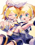  1boy 1girl aqua_eyes arm_warmers bangs bare_shoulders black_collar black_shorts blonde_hair bow collar commentary crop_top dated grey_collar grey_sleeves grin hair_bow hand_to_own_mouth hand_up happy_birthday headphones headset highres kagamine_len kagamine_rin kakutou15 leg_warmers looking_at_another neckerchief one_eye_closed open_mouth sailor_collar school_uniform shirt short_hair short_ponytail short_shorts short_sleeves shorts sitting sitting_on_person sleeveless sleeveless_shirt smile spiky_hair swept_bangs vocaloid white_bow white_shirt yellow_neckwear 