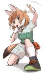  alternate_costume animal_ears black_footwear collared_shirt dhole_(kemono_friends) dog_ears dog_girl dog_tail extra_ears eyebrows_visible_through_hair gloves green_eyes green_footwear green_shirt highres kemono_friends kemono_friends_3 khakis kneeling light_brown_hair multicolored_hair neck_ribbon pov ribbon shirt shoes short_hair short_sleeves shorts sneakers socks tail takebi two-tone_footwear two-tone_hair two-tone_shirt uniform whistle white_gloves white_hair white_legwear 