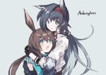  2girls amiya_(arknights) animal_ears arknights black_gloves black_hair black_jacket blaze_(arknights) blue_eyes blush brown_hair cat_ears closed_mouth copyright_name fingerless_gloves fuco gloves hair_between_eyes hairband hand_up height_difference hug infection_monitor_(arknights) jacket jewelry long_hair looking_at_another looking_at_viewer multiple_girls multiple_rings necklace open_mouth rabbit_ears red_hairband ring simple_background smile upper_body very_long_hair white_jacket yuri 