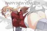  1girl 2021 animal_ears ass blue_eyes breasts charlotte_e_yeager from_behind gun happy_new_year holding holding_weapon jacket jet_yowatari large_breasts long_hair looking_at_viewer looking_back new_year open_mouth orange_hair panties rabbit_ears red_jacket shiny shiny_hair shiny_skin smile strike_witches striker_unit underwear v weapon white_panties world_witches_series 