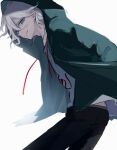  1boy ahoge bangs black_pants commentary_request dangan_ronpa_(series) dangan_ronpa_2:_goodbye_despair from_side green_jacket grey_hair grey_shirt hands_in_pockets highres hood hood_up iumi_urura jacket komaeda_nagito long_sleeves looking_at_viewer looking_to_the_side male_focus open_clothes open_jacket pants print_shirt shirt simple_background sketch smile solo white_background 