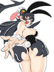  1girl absurdres animal_ears asimatosinosin ass ass_grab black_leotard breasts bunny_tail cowboy_shot eyebrows_visible_through_hair fake_animal_ears fake_tail filia_(skullgirls) from_behind hair_between_eyes highres leotard medium_breasts open_mouth playboy_bunny rabbit_ears red_eyes samson_(skullgirls) sideboob simple_background skullgirls solo strapless strapless_leotard tail white_background wrist_cuffs 