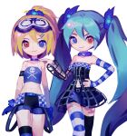  2girls aqua_hair bare_shoulders belt black_dress black_legwear blonde_hair blue_eyes blue_gloves blue_legwear blue_shirt blue_skirt burning_stone_(module) camisole chinese_commentary choker collarbone commentary cowboy_shot crop_top detached_sleeves dress gimmexgimme_(vocaloid) gloves goggles goggles_on_head hair_ornament hair_scrunchie hand_on_another&#039;s_shoulder hand_on_hip hatsune_miku heterochromia highres kagamine_rin kakutou15 long_hair looking_at_viewer magical_mirai_(vocaloid) midriff miniskirt multiple_girls navel ponytail project_diva_(series) red_eyes rockin_stone_(module) scrunchie shirt short_shorts shorts single_thighhigh skirt skull_and_crossbones skull_print smile standing striped striped_legwear striped_sleeves thigh-highs twintails very_long_hair vocaloid white_background white_legwear wireframe 