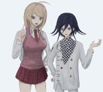  1boy 1girl ahoge akamatsu_kaede bangs black_hair blonde_hair breasts checkered checkered_scarf collared_shirt commentary_request cowboy_shot dangan_ronpa_(series) dangan_ronpa_v3:_killing_harmony frown hair_between_eyes hair_ornament hand_up highres index_finger_raised iumi_urura jacket large_breasts long_fingers long_hair long_sleeves looking_at_viewer miniskirt musical_note musical_note_hair_ornament necktie open_mouth ouma_kokichi pants pink_sweater_vest pleated_skirt scarf shirt simple_background sixteenth_note skirt sweater_vest upper_teeth violet_eyes white_background white_jacket white_shirt 