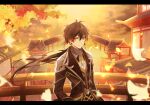  1boy bangs black_hair blurry blurry_background blurry_foreground bridge brown_hair building closed_mouth clouds cloudy_sky collar earrings falling_leaves formal genshin_impact ginkgo_leaf hair_between_eyes highres jacket jewelry leaf long_hair long_sleeves looking_at_viewer male_focus multicolored_hair ponytail single_earring sky solo suit umeno_(tuzk7284) yellow_eyes zhongli_(genshin_impact) 